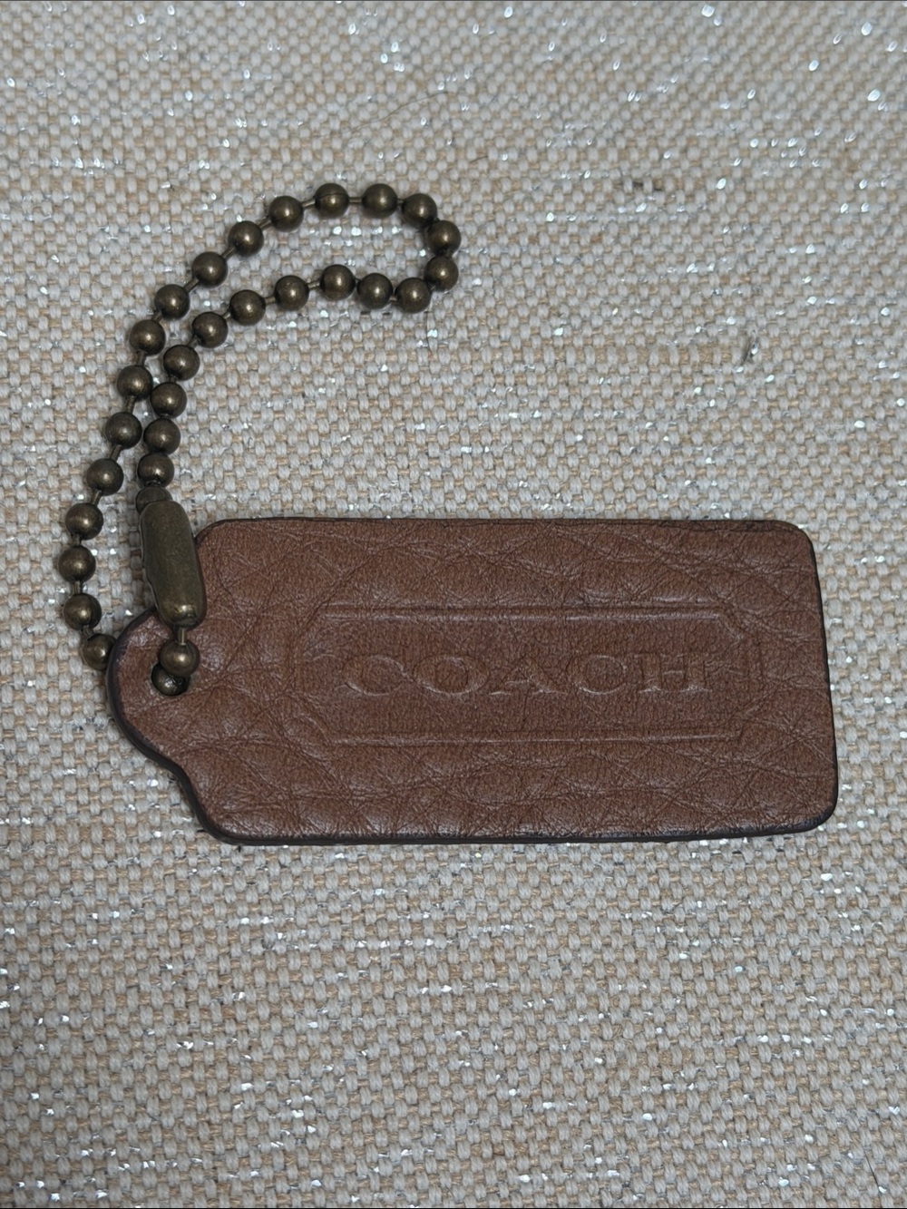 Coach Brown Leather Bag Tag with Brass-Tone Ball Chain